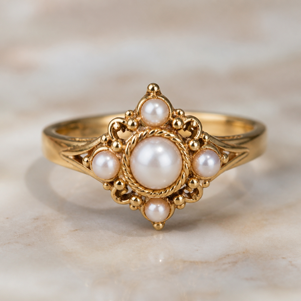 A vintage women's ring made of gold with pearl stones. daily
photorealistic jewelry design, A vintage women's ring made of gold with pearl stones. daily, vintage style, just the design no text