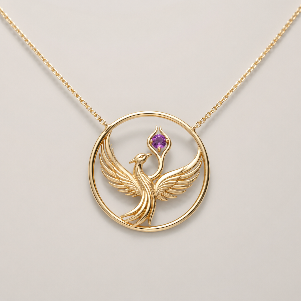 A minimalist women's brooch made of gold with amethyst stones suitable for daily wear. com fio fino, em ouro, a joia em si, um circulo com a fenix no centro segurando a pedra pequena amethyst. um fio simples para usar no dia a dia com umtoque de charme
photorealistic jewelry design, A minimalist women's brooch made of gold with amethyst stones suitable for daily wear. com fio fino, em ouro, a joia em si, um circulo com a fenix no centro segurando a pedra pequena amethyst. um fio simples para usar no dia a dia com umtoque de charme, minimalist style, just the design no text