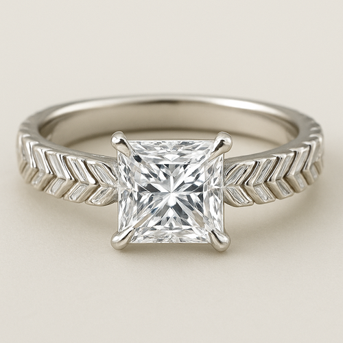Herringbone baguette band with a 2ct princess cut center diamond 