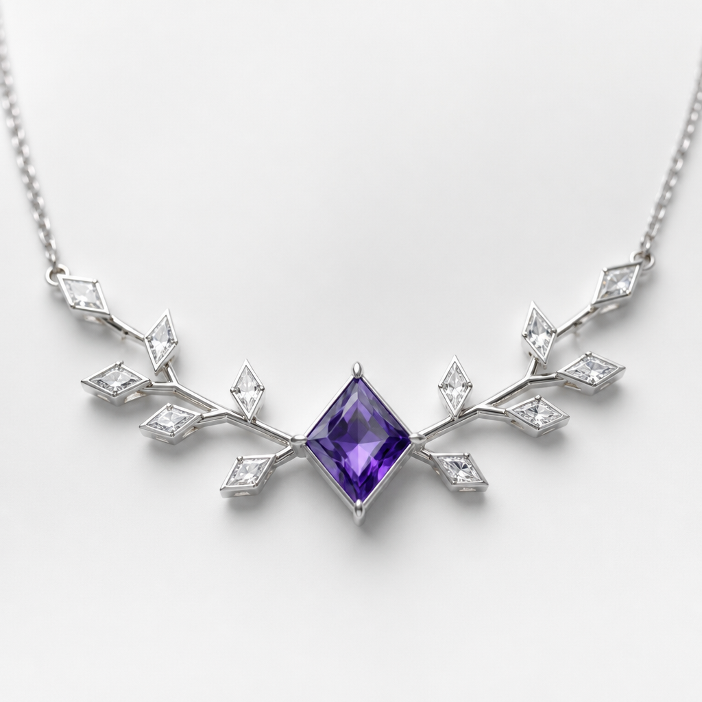 A women's ring made of titanium with amethyst stones suitable for wedding. ожерелье, по середине ромб камень, по бокам изветвления с бриллиантами, бриллианты в виде ромбиков, похоже на белое золото
photorealistic jewelry design, A women's ring made of titanium with amethyst stones suitable for wedding. ожерелье, по середине ромб камень, по бокам изветвления с бриллиантами, бриллианты в виде ромбиков, похоже на белое золото, modern style, just the design no text