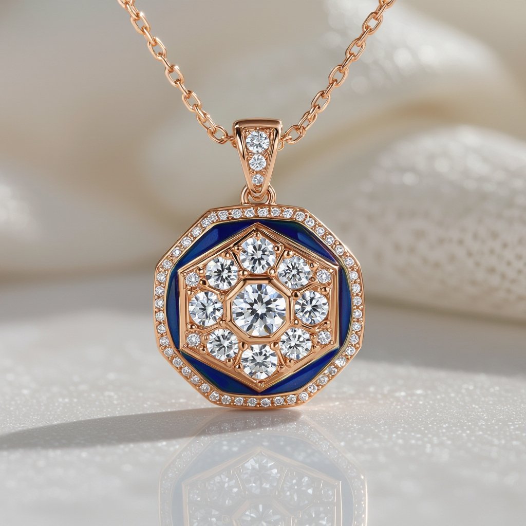 Pendant of different colors Geomatric edge of diamonds shaded of edge element in water background and vibes Rose gold , geometric diamonds, bezel set.  motif, blue enamel. Rose gold , geometric diamonds, bezel set.  motif, blue enamel.