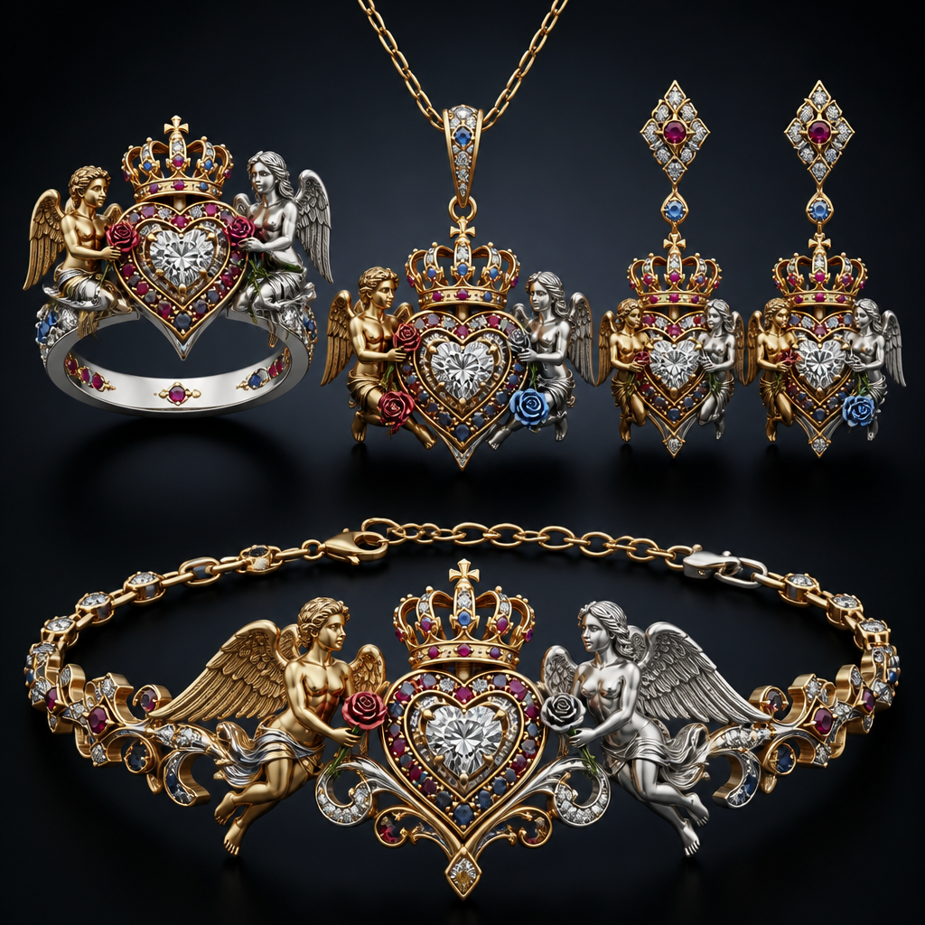 A royal women's ring made of mixed metal with diamond and ruby and sapphire stones suitable for wedding. An extraordinary beautiful delicate elegant and excellent set of jewelry with a beautiful delicate and elegant ring, two ear rings, a pendant and a bracelet with a heart at the middle and a diamond in the middle of the heart over the heart to be placed a beautiful delicate and elegant queen crown with a diamond in the middle and rubies and sapphires all around the crown, with an extraordinary beautiful delicate and elegant female Angel with a beautiful delicate and elegant face with long hair holding a heart with Her right hand and a rose with Her left hand at the right side of the heart and an extraordinary beautiful delicate and elegant male Angel with an extraordinary beautiful delicate elegant and fit body with a beautiful delicate and elegant face with short hair holding a heart with His right hand and a rose with His left hand at the left side of the heat. Both Angels to be placed to all the items of the set. The Angels to be adult Angels at all the items of the set. The crown to be placed on the heart. at