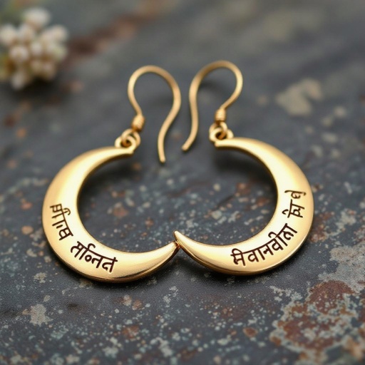 Серьги золотые в форме тонкого изящного полумесяца, полукруг как продолжение застежки, на полукруге надписи мантрами на санскрите