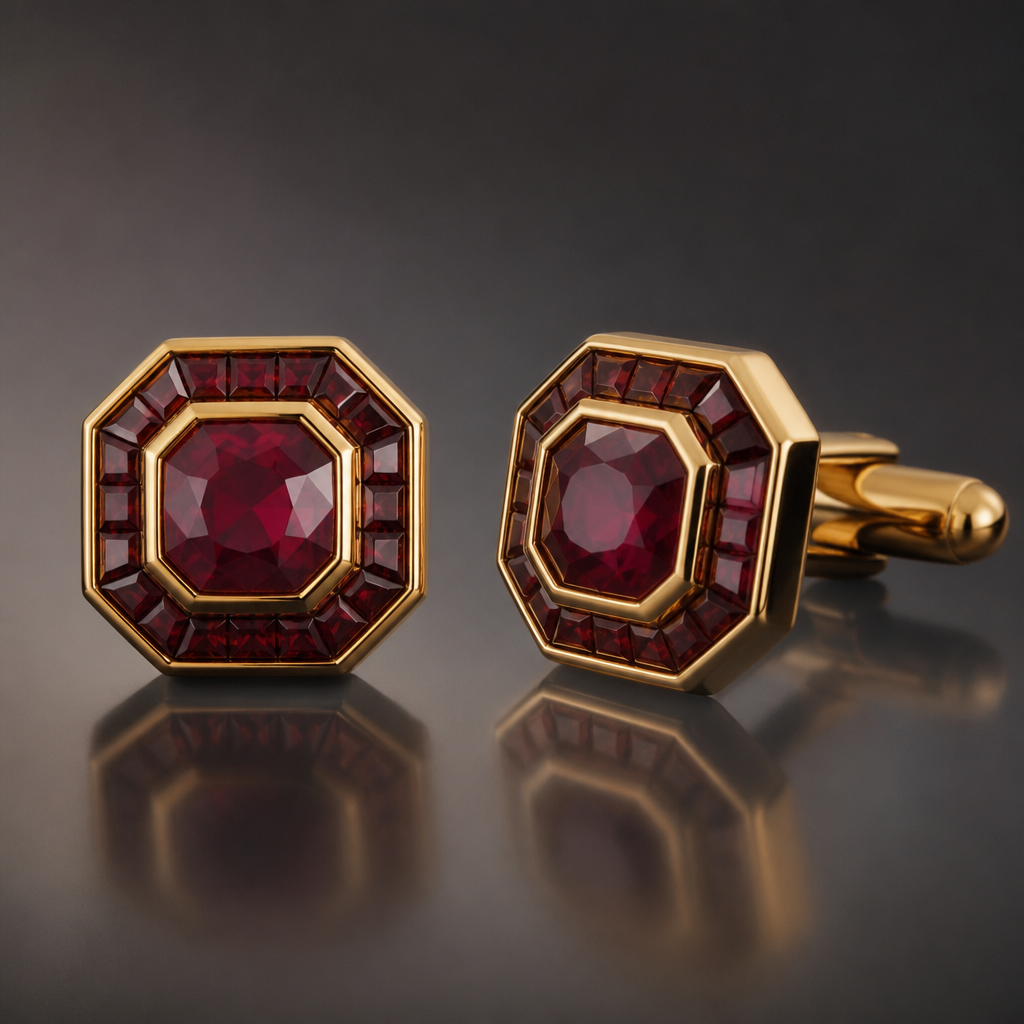 A gold men's cufflinks with ruby and garnet stones suitable for anniversary
photorealistic jewelry design, A gold men's cufflinks with ruby and garnet stones suitable for anniversary, gold style, just the design no text