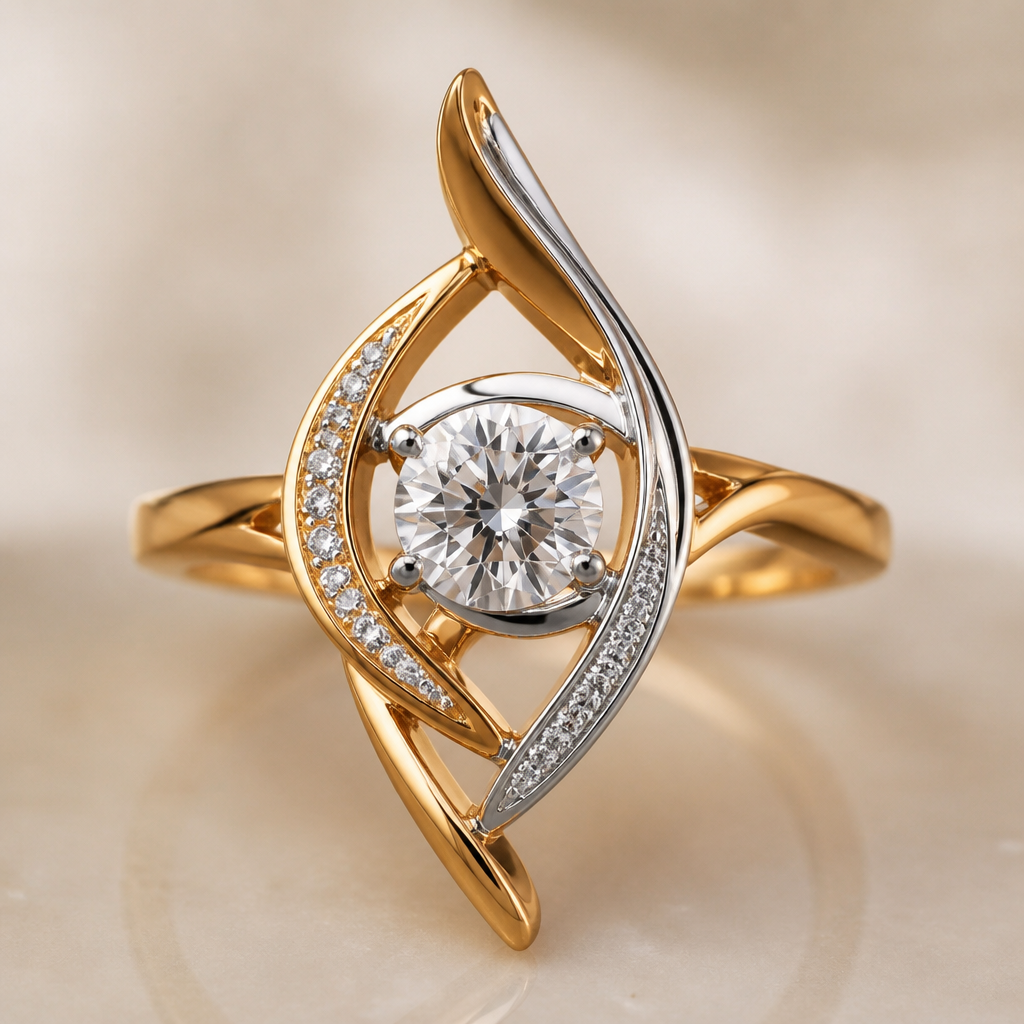 A abstract women's ring made of mixed metal with diamond stones suitable for festival. An extraordinary excellent beautiful delicate and elegant solitaire women ring. Face of the ring.
photorealistic jewelry design, A abstract women's ring made of mixed metal with diamond stones suitable for festival. An extraordinary excellent beautiful delicate and elegant solitaire women ring. Face of the ring., abstract style, just the design no text
