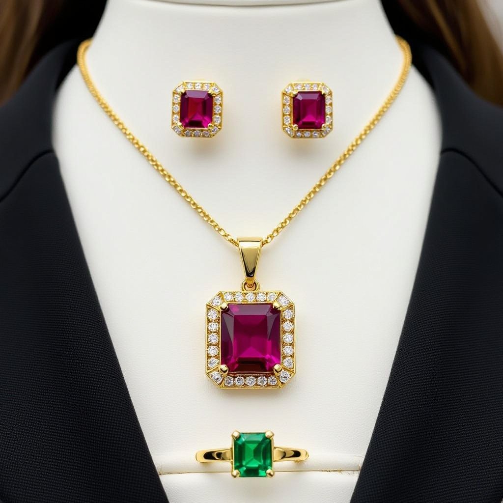 Necklace and ring and earring with luxury colorful jewel with gold