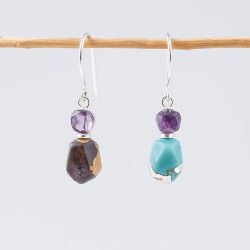 Earring, silver mininul, raw natural gemstone, elegant