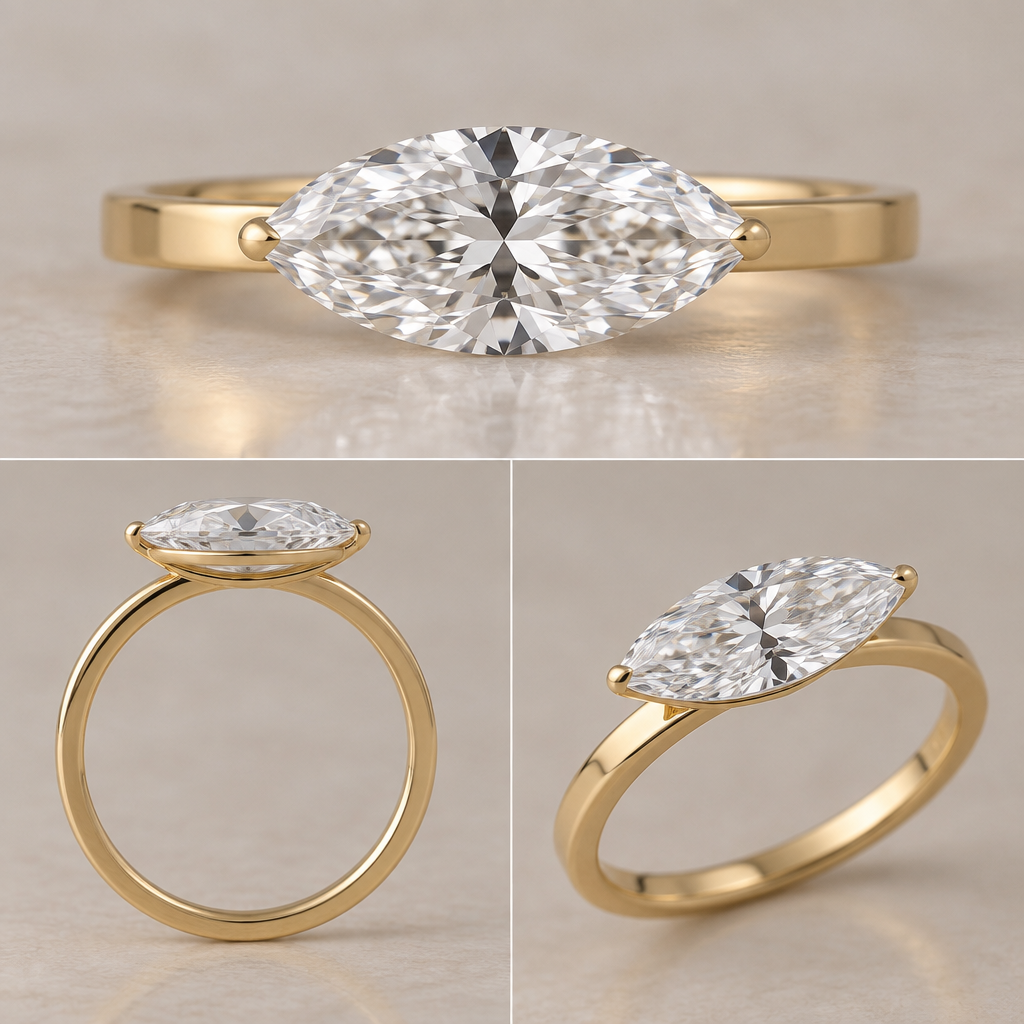 A women's ring, detailed and decorative, moderately ornate. 1.90 ct marquise diamond, 12.81 x 6.39 mm, E
VS2, set east-west on a perfectly straight 2 mm flat yellow-gold band. Create an ultra-minimal floating setting. Use only two extremely tiny claw prongs, one at each pointed tip, gripping the diamond's girdle and positioned mostly below the crown so they are barely visible from the front. No V-prongs, no chevron shapes, no decorative metal around the stone, no halo. Hide the structural support in a very low-profile gallery rail beneath the diamond. From the top view the diamond should appear almost unsupported, with only the tiniest gold contact visible at the two tips. Preserve the actual elongated marquise proportions. Fine high-end jewelry, realistic construction, wearable daily.
photorealistic jewelry design, A women's ring, detailed and decorative, moderately ornate. 1.90 ct marquise diamond, 12.81 x 6.39 mm, E
VS2, set east-west on a perfectly straight 2 mm flat yellow-gold band. Create an ultra-minimal floating setting. Use only two extremely tiny claw prongs, one at each pointed tip, gripping the diamond's girdle and positioned mostly below the crown so they are barely visible from the front. No V-prongs, no chevron shapes, no decorative metal around the stone, no halo. Hide the structural support in a very low-profile gallery rail beneath the diamond. From the top view the diamond should appear almost unsupported, with only the tiniest gold contact visible at the two tips. Preserve the actual elongated marquise proportions. Fine high-end jewelry, realistic construction, wearable daily., modern style, just the design no text