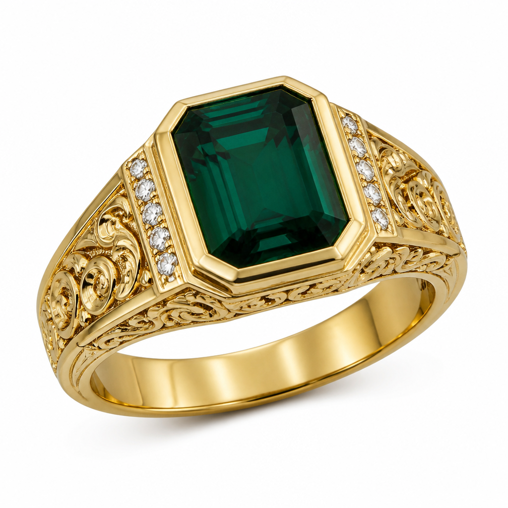 A luxury women's ring made of gold with emerald stones suitable for daily wear. Create a premium men's 22K gold ring by combining these two reference images. Use the ornate engraved floral/vintage band pattern from the first ring. Replace the top with a large emerald-cut deep green gemstone set in a modern hexagonal bezel like the second ring. Add small white diamonds along both shoulders, keeping the sides elegant with subtle engraved details inspired by the first ring. Make the ring bold, luxurious, and suitable for daily wear. Render it as a photorealistic jewelry product on a clean white background with high detail and realistic gold reflections."
photorealistic jewelry design, A luxury women's ring made of gold with emerald stones suitable for daily wear. Create a premium men's 22K gold ring by combining these two reference images. Use the ornate engraved floral/vintage band pattern from the first ring. Replace the top with a large emerald-cut deep green gemstone set in a modern hexagonal bezel like the second ring. Add small white diamonds along both shoulders, keeping the sides elegant with subtle engraved details inspired by the first ring. Make the ring bold, luxurious, and suitable for daily wear. Render it as a photorealistic jewelry product on a clean white background with high detail and realistic gold reflections.", luxury style, just the design no text