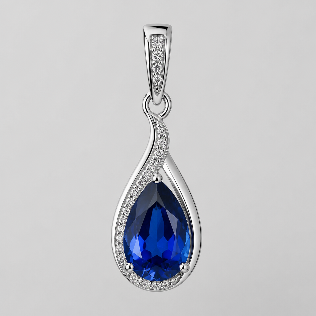 A women's pendant made of white gold with sapphire stones. un pendente a goccia con zaffiro grande
photorealistic jewelry design, A women's pendant made of white gold with sapphire stones. un pendente a goccia con zaffiro grande, modern style, just the design no text
