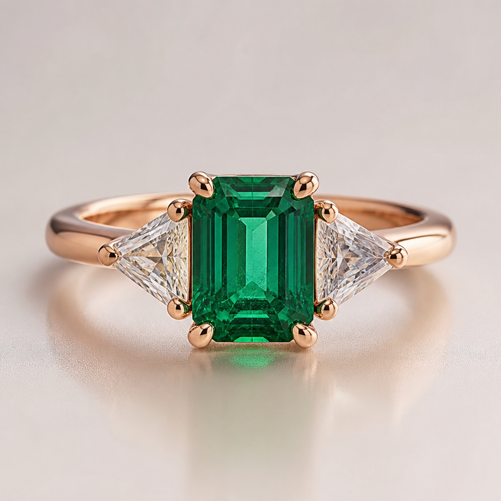A women's ring. 3 stone rose gold ring with emerald centre
photorealistic jewelry design, A women's ring. 3 stone rose gold ring with emerald centre, modern style, just the design no text