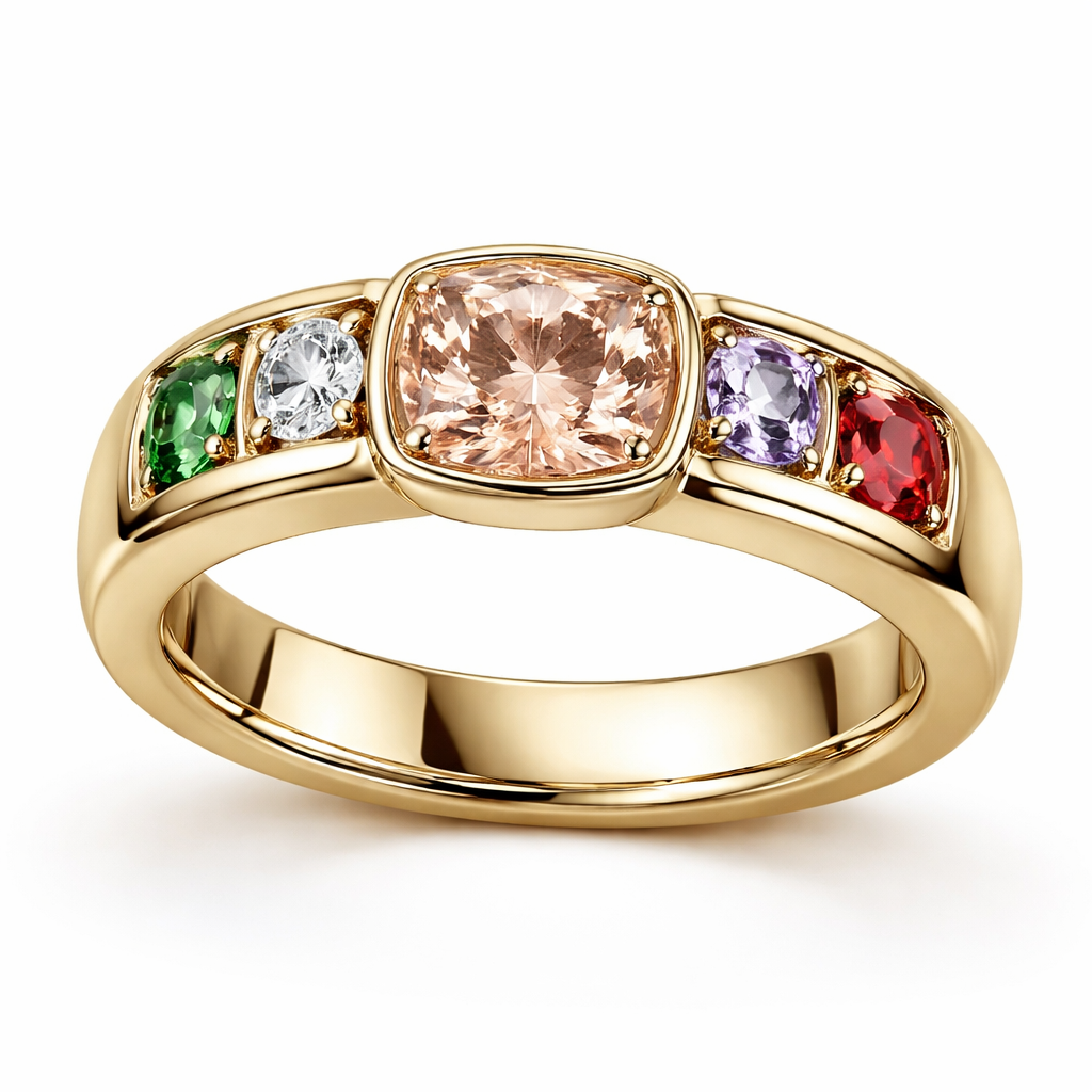 Crée moi une bague avec une morganite coussin une tsavorite taille émeraude un diamant rond un Spinel Lila taille émeraude et un Spinel rouge coussin les pierre font moins d’un demi carat sauf la morganite les pierres sont intégrés dans le corp de bague en sertie masse