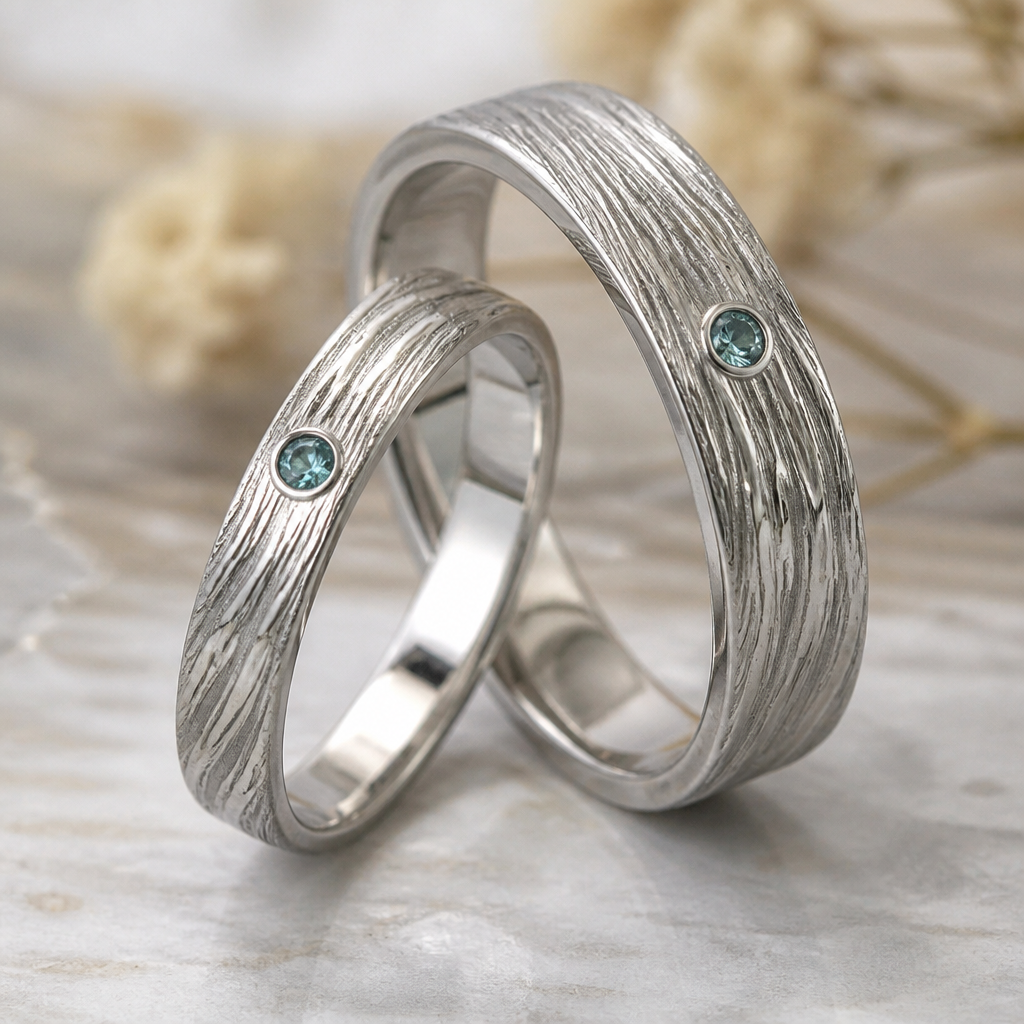 A women's ring. практичные обручальные кольца из белого золота,с 6еобычной текстурой дерева,фактурой воды/волн тонкие,но что бы поместилась гравировка,кольцо мужчины должно быть чуть шире женского.иметь небольшой камень зелено-голубого или голубого цвета,необычные
photorealistic jewelry design, A women's ring. практичные обручальные кольца из белого золота,с 6еобычной текстурой дерева,фактурой воды/волн тонкие,но что бы поместилась гравировка,кольцо мужчины должно быть чуть шире женского.иметь небольшой камень зелено-голубого или голубого цвета,необычные, modern style, just the design no text