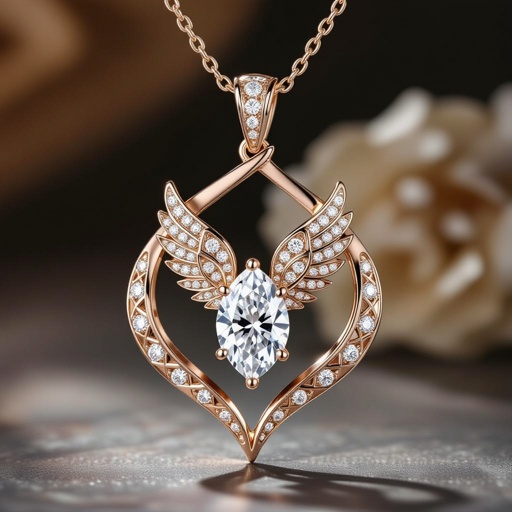 Geomatric architecture shapes whole diamond=1 wing, rose gold diamond Design a contemporary pendant featuring a single, large diamond shaped like a wing, symbolizing freedom and elegance. The diamond is elegantly set in a sleek, minimalist rose gold frame that accentuates its brilliance. The modern aesthetic is enhanced with clean lines and asymmetry, making it a striking statement piece for the avant-garde wearer.