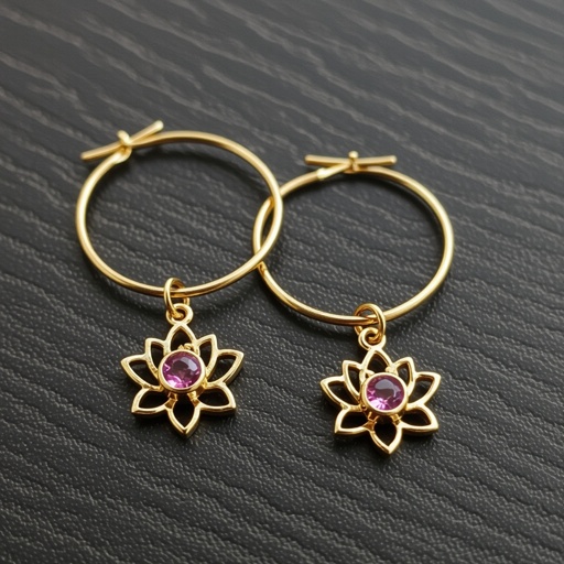 Серьги небольшие кольца, подвеска в виде золотого лотоса шестью лепестками с маленьким розовым кварцем по центру