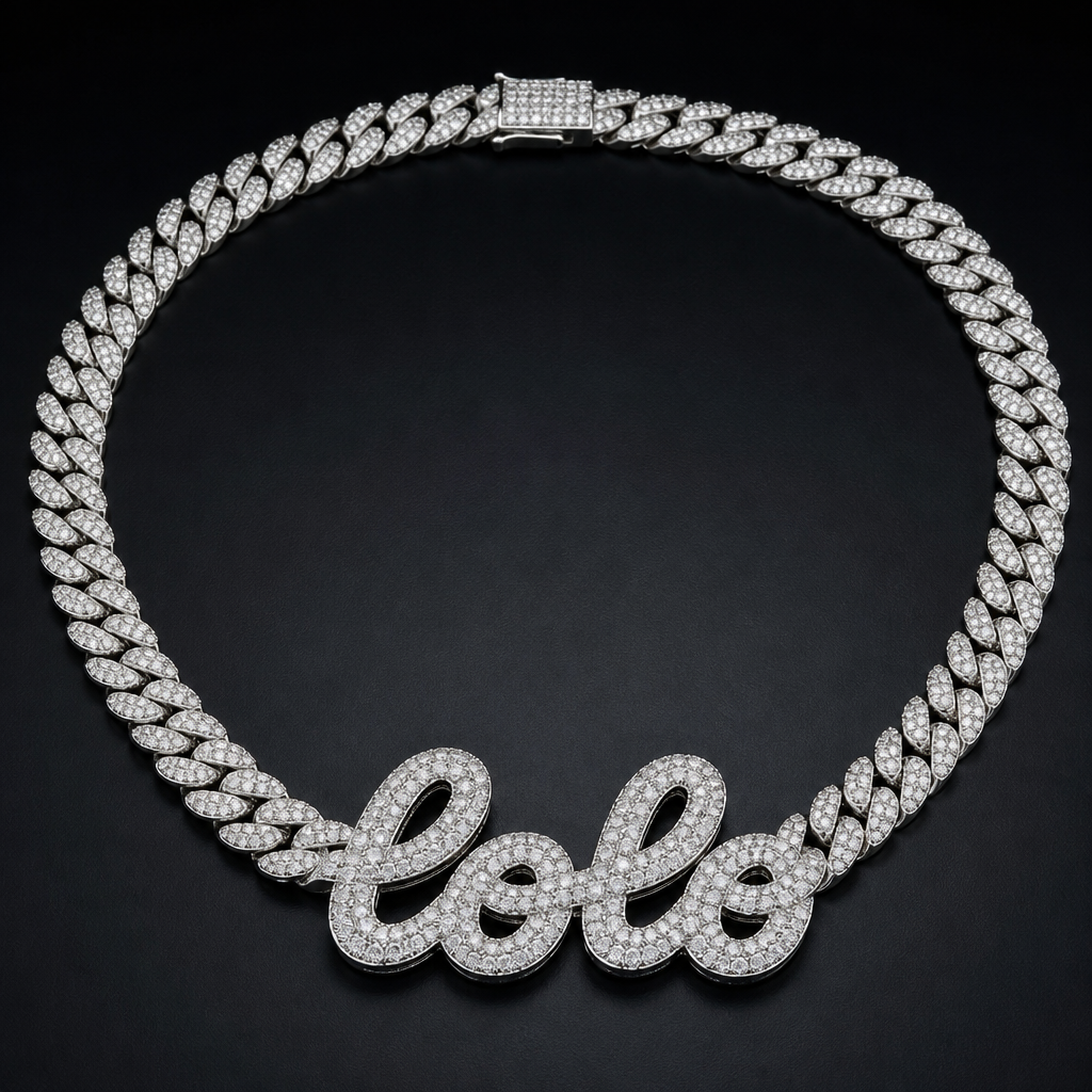 A luxury men's necklace made of platinum with diamond stones. una cubana que diga lolo
photorealistic jewelry design, A luxury men's necklace made of platinum with diamond stones. una cubana que diga lolo, luxury style, just the design no text