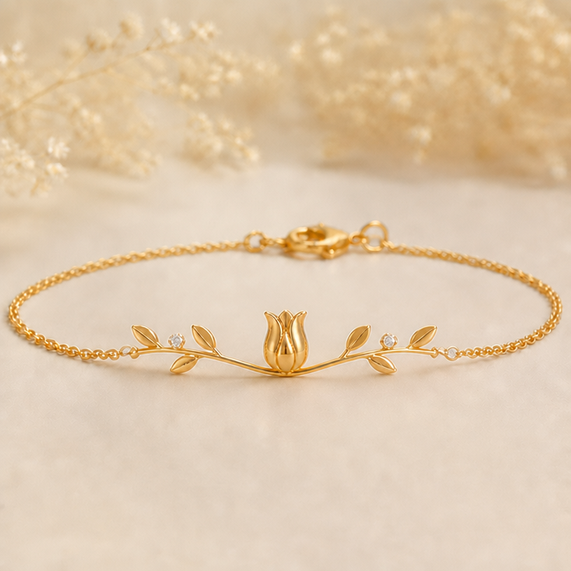 Now make the tulip thickness more proportional to the branch and the chain
edit the attached jewelry design with these instructions: Now make the tulip thickness more proportional to the branch and the chain. keep it photorealistic, just the design no text
