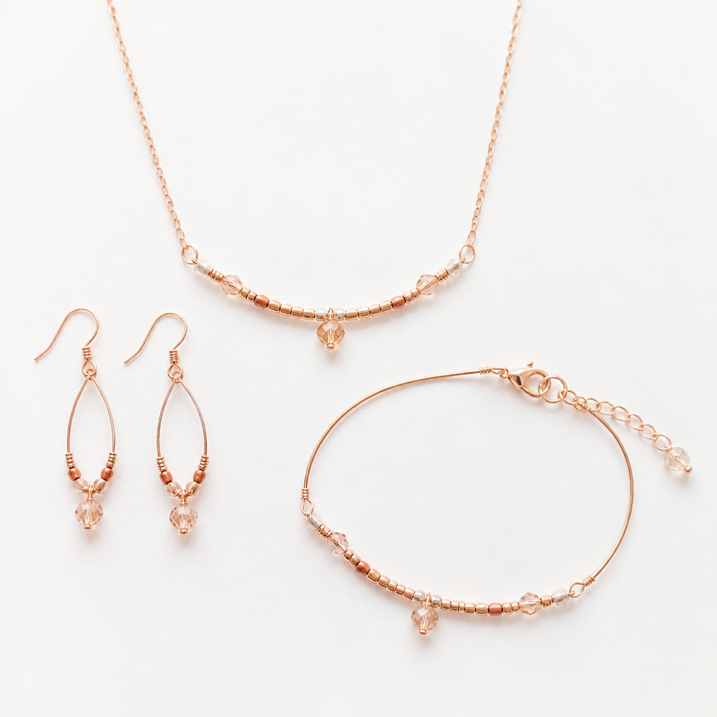 A minimalist women's earrings made of copper suitable for daily wear, minimalist, simple and delicate, clean lines. made from wire, seed beads and crystal beads a set of earrings with matching bracelet and necklace
photorealistic jewelry design, A minimalist women's earrings made of copper suitable for daily wear, minimalist, simple and delicate, clean lines. made from wire, seed beads and crystal beads a set of earrings with matching bracelet and necklace, minimalist style, just the design no text