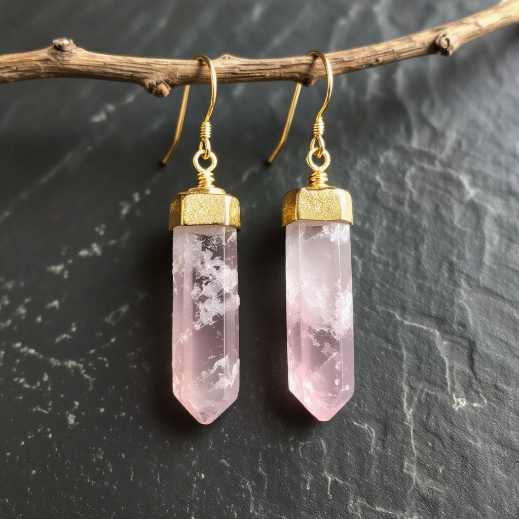 Серьги матовое золото с эффектом неровности Необработанный бледно розовый кварц в виде длинного кристалла