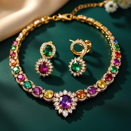 Necklace and ring and earring with luxury colorful jewel with gold
