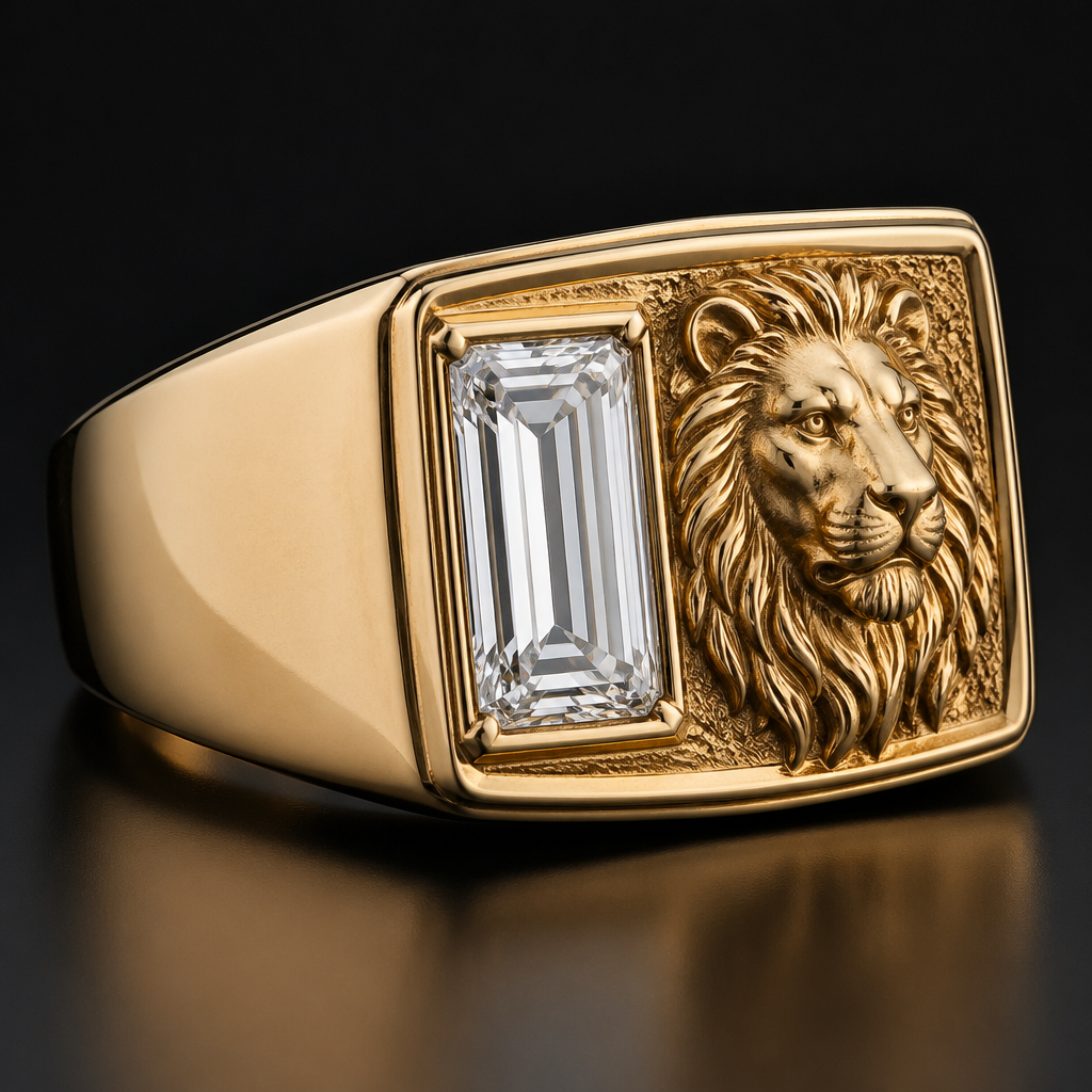 A men's ring made of gold. enlarge the diamond to a 6x6 mm rectangle and move it to the left in front of the lion
photorealistic jewelry design, A men's ring made of gold. enlarge the diamond to a 6x6 mm rectangle and move it to the left in front of the lion, modern style, just the design no text