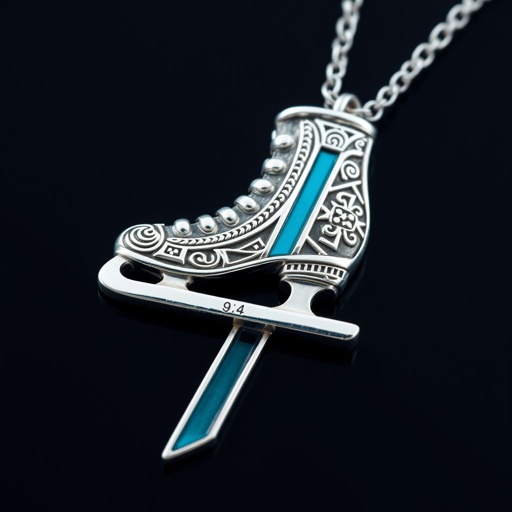 Silver Pendant shape one ice skate with turquoise stripe inside the low thin part blade
