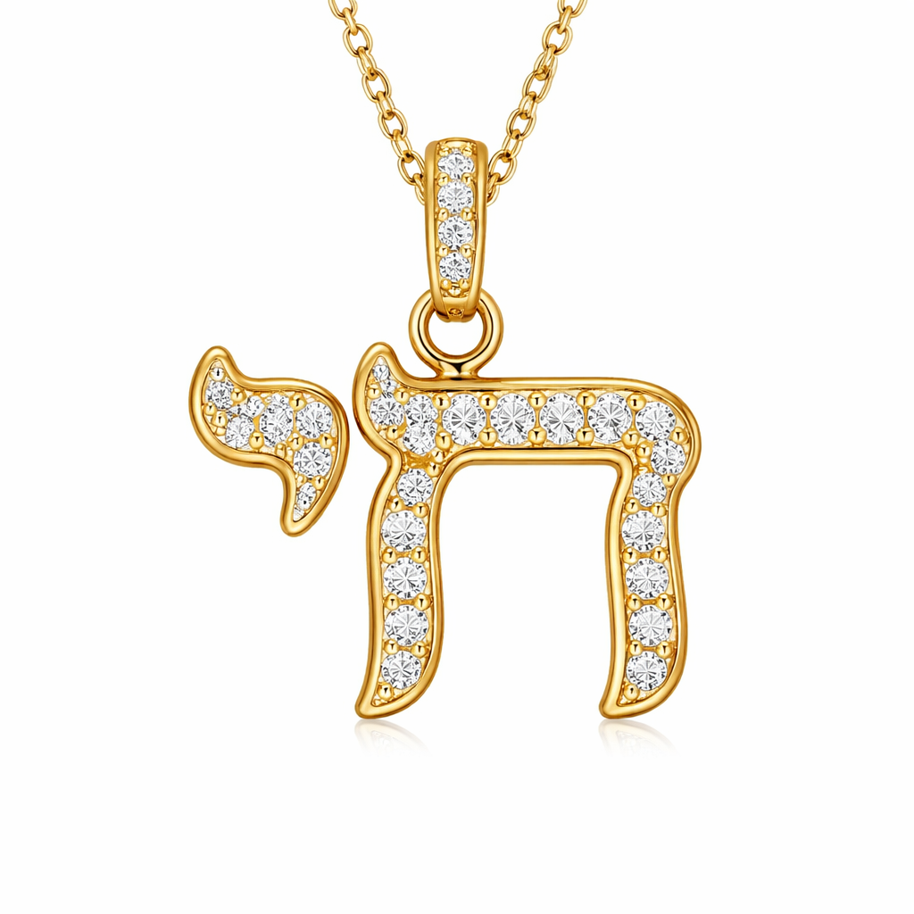 Gold Hebrew Chai pendant with pavé periods and white sapphire stones
