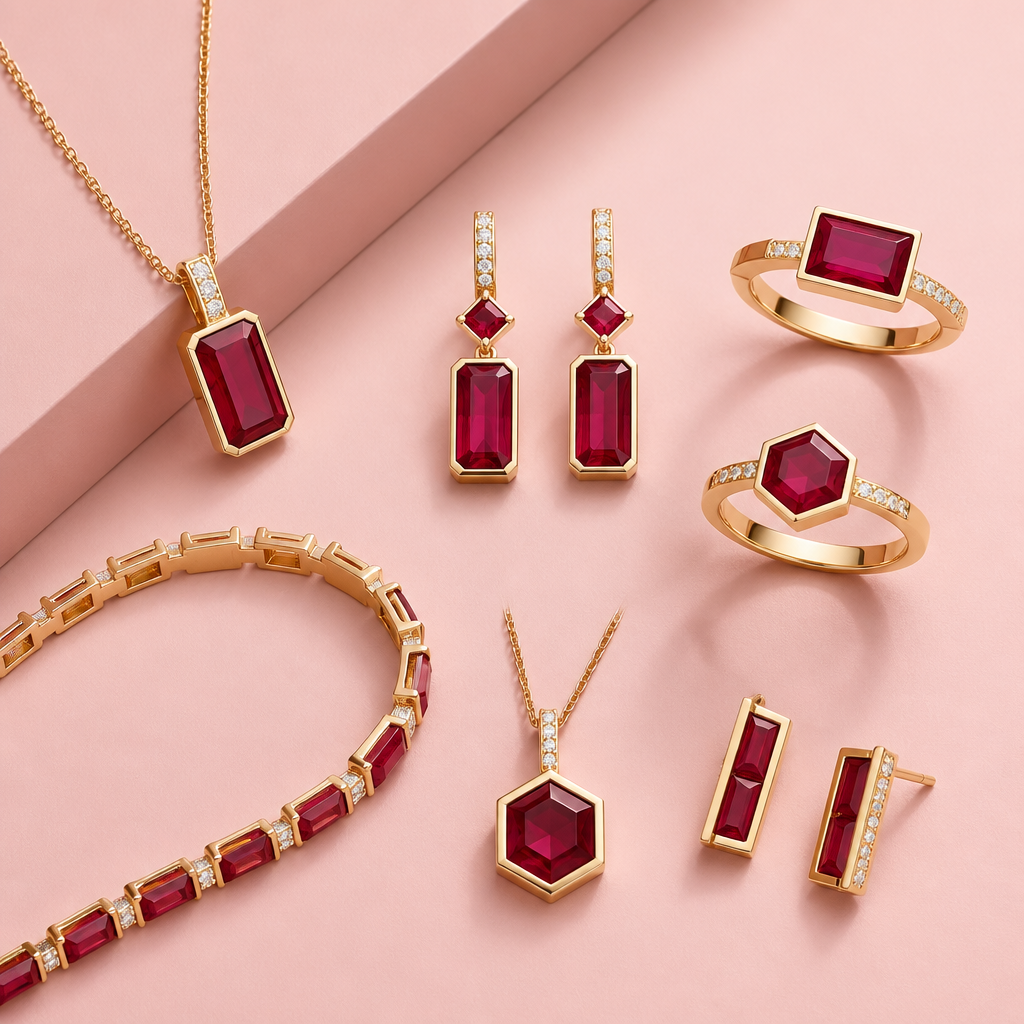 Multiple pieces of Ruby Jewelry including rings, pendants, earrings, bracelets, etc with a blush pink background
Modern jewelry: Modern ruby jewelry set, including rings, pendants, earrings, and bracelets. Clean lines, geometric shapes. Blush pink background.