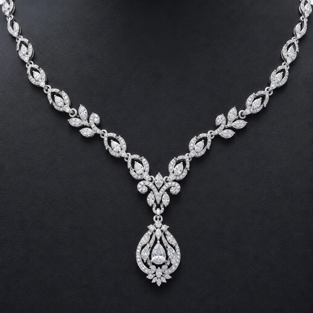 A romantic women's necklace made of silver with diamond stones suitable for wedding
photorealistic jewelry design, A romantic women's necklace made of silver with diamond stones suitable for wedding, romantic style, just the design no text