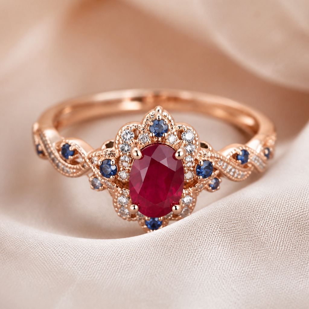 A luxury women's ring made of gold with ruby and sapphire stones suitable for daily wear, detailed and decorative, moderately ornate. un delicado pero lujoso anillo de oro rosa, con el diamante rubí.
photorealistic jewelry design, A luxury women's ring made of gold with ruby and sapphire stones suitable for daily wear, detailed and decorative, moderately ornate. un delicado pero lujoso anillo de oro rosa, con el diamante rubí., luxury style, just the design no text