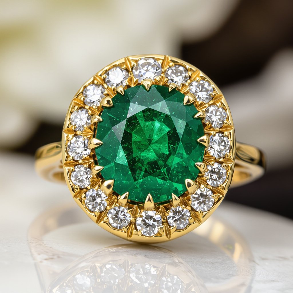 Anillo en oro con esmeralda trapiche redonda y 6 diamantes al rededor que tibuje un hexágono en el metal