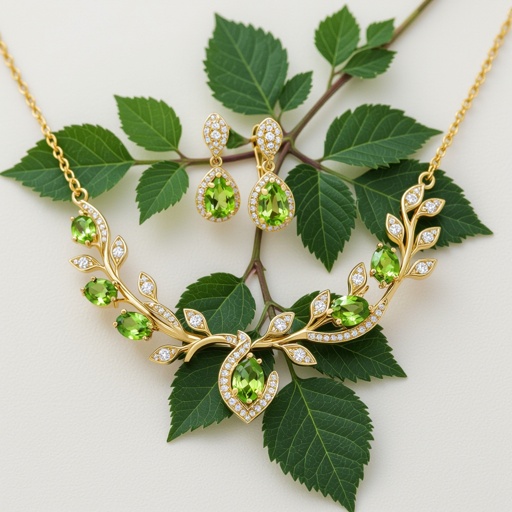 Necklace and earring and rings within peridot and diamond with gold