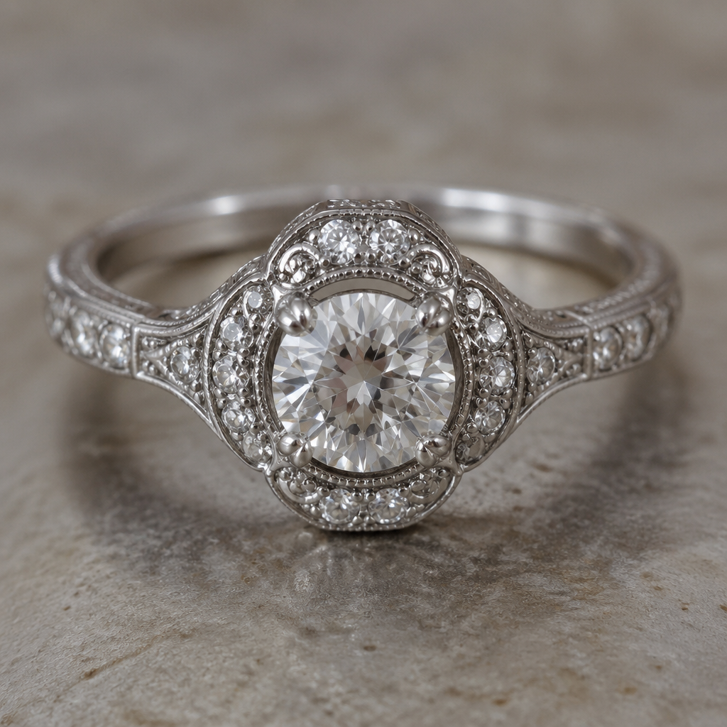 A vintage women's ring made of silver with diamond stones suitable for engagement
photorealistic jewelry design, A vintage women's ring made of silver with diamond stones suitable for engagement, vintage style, just the design no text
