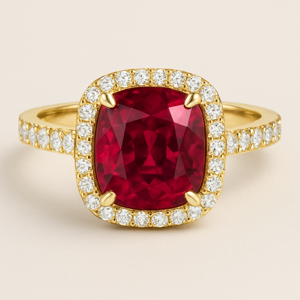 Cushion ruby ring H letter design 