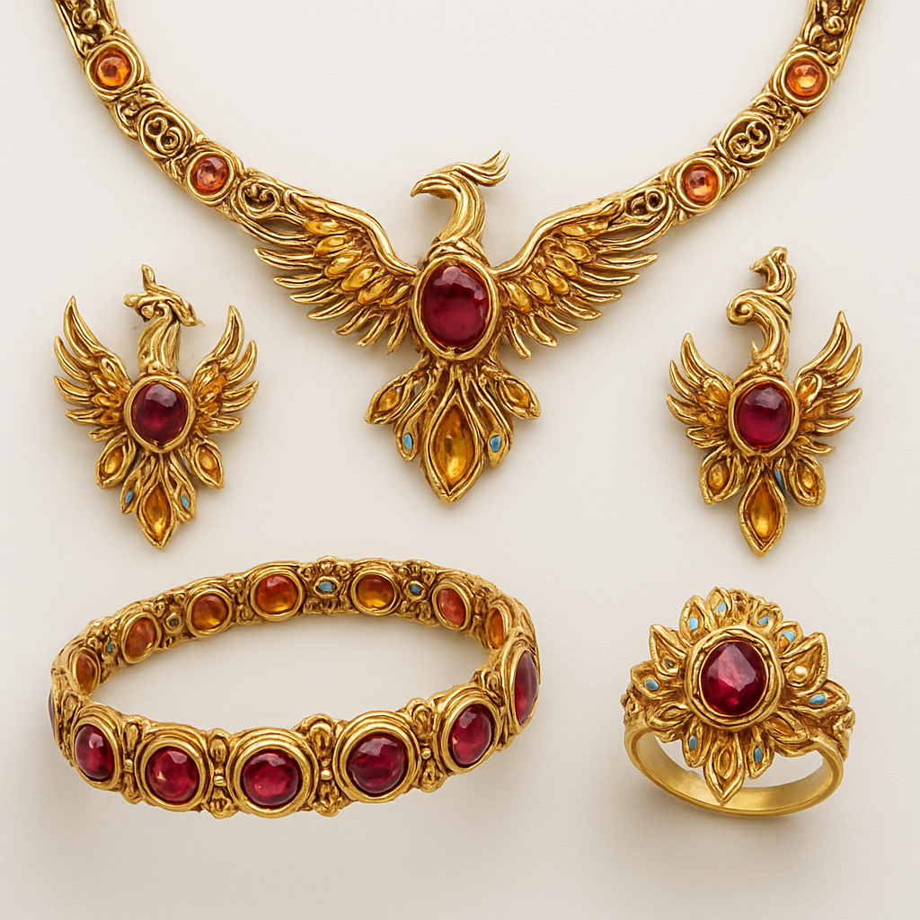 A full Ruby jewelry set including bracelet, earrings and rings with at least 10 citrine and topaz inlays with phoenix themes and an omega necklace