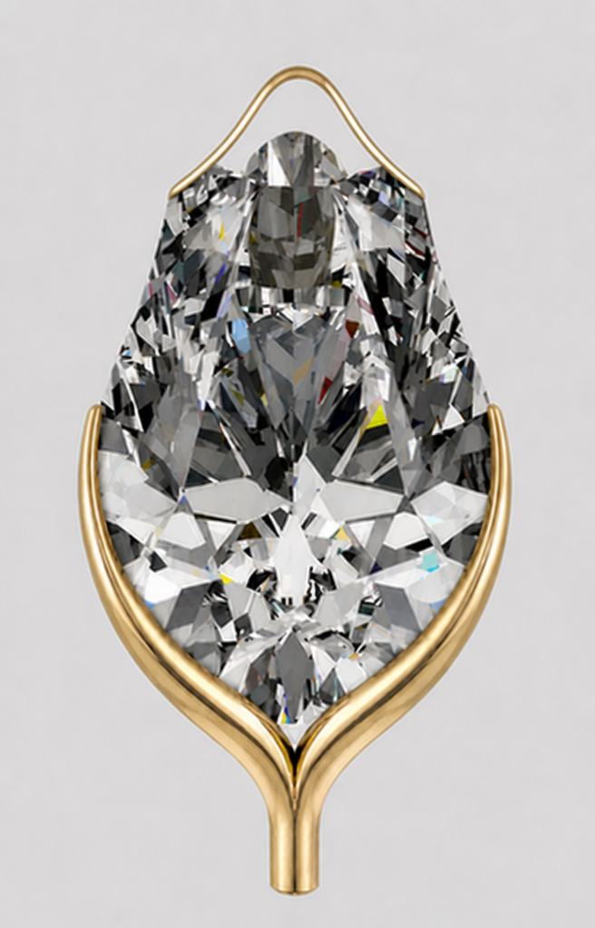 Keep the diamond, the crest, the sepals, the center support, and the stem completely unchanged. Modify only the bail: remove the two decorative ball terminals at its base. Make the arch itself thinner and less rounded — a cleaner, simpler curve rather than a bell shape. Position its two base points to land in the same spot the sepal tips are, so the bail reads as growing directly out of where the sepals end, closing the visual gap between them, rather than as a separate floating piece above.
Keep the diamond, the crest, the sepals, the center support, and the stem completely unchanged. Modify only the bail: remove the two decorative ball terminals at its base. Make the arch itself thinner and less rounded — a cleaner, simpler curve rather than a bell shape. Position its two base points to land in the same spot the sepal tips are, so the bail reads as growing directly out of where the sepals end, closing the visual gap between them, rather than as a separate floating piece above.
