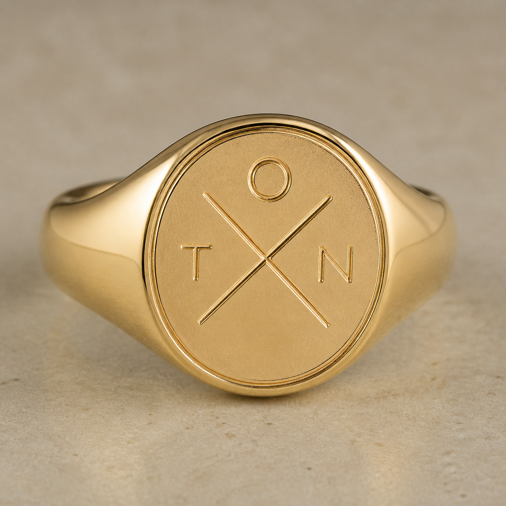 Signet ring with X initial at the centre and around it the letters T O N
photorealistic jewelry design, Signet ring with X initial at the centre and around it the letters T O N , minimalist style, just the design no text