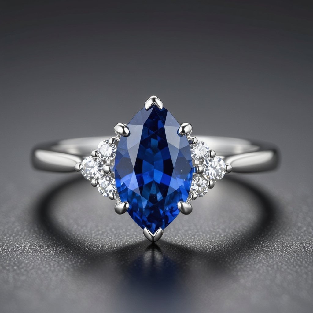 Marquise cut Blue Sapphire ring with round diamond side stones in platinum metal