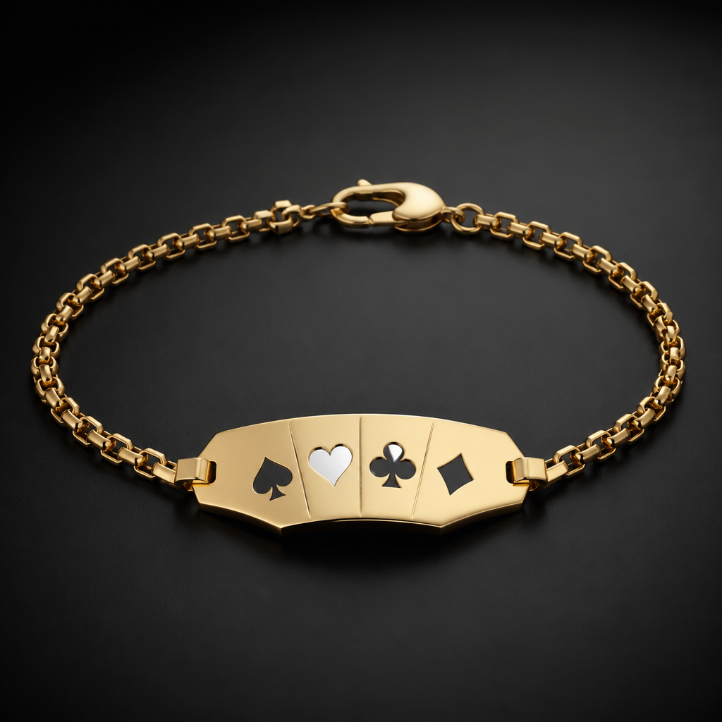 A modern women's bracelet made of gold. una pulsera con emblema de las cartas de poker de Ases en placa
