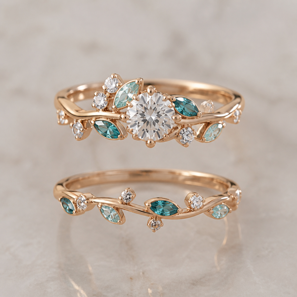 A women's ring. i want a wedding band inspired by this bottom one. engagement ring the same. inspired by nature delicate and rosegold. with diamond, light teal and dark teal.
photorealistic jewelry design, A women's ring. i want a wedding band inspired by this bottom one. engagement ring the same. inspired by nature delicate and rosegold. with diamond, light teal and dark teal., modern style, just the design no text
