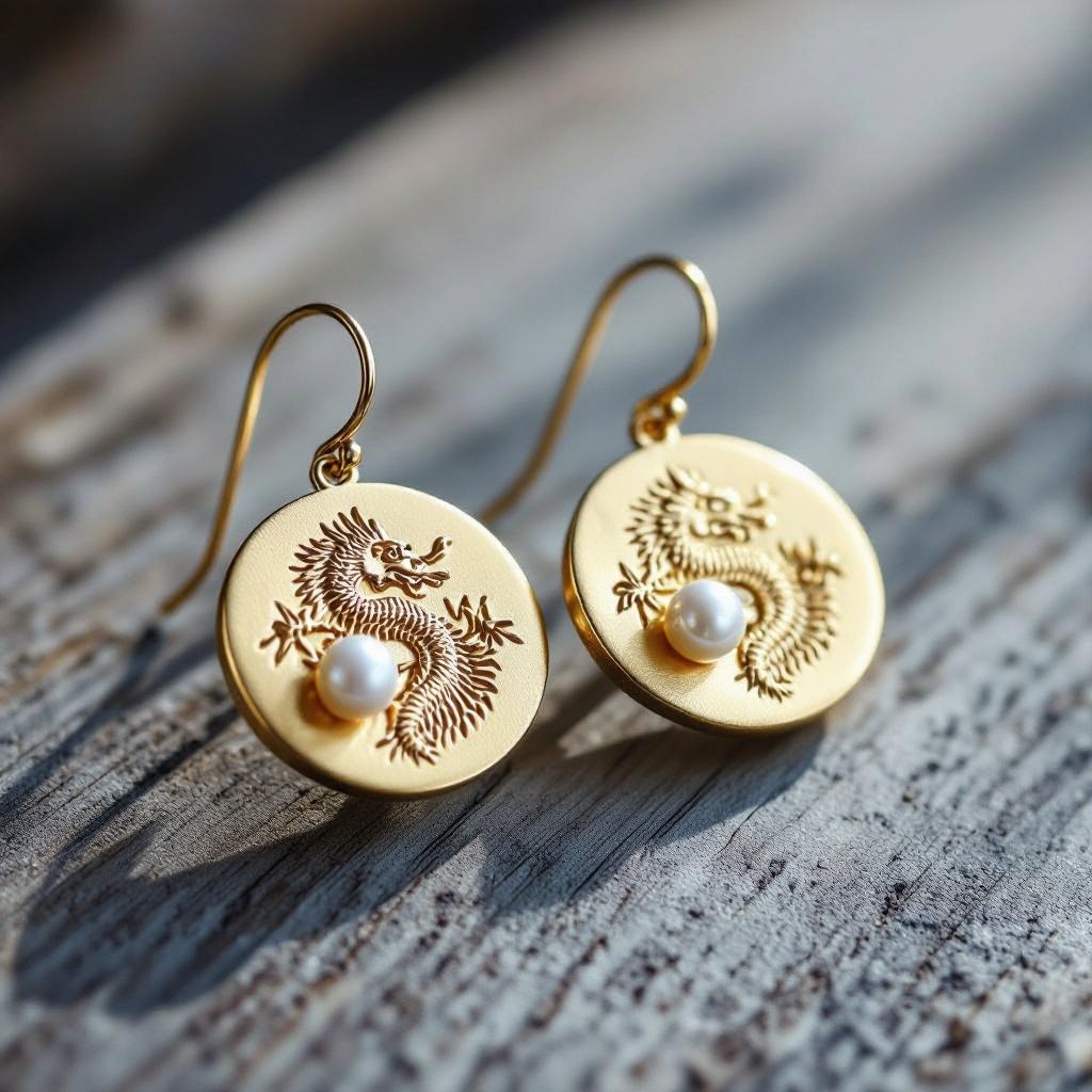 Золотые матовые серьги с изображением дракона узоры и жемчуг 