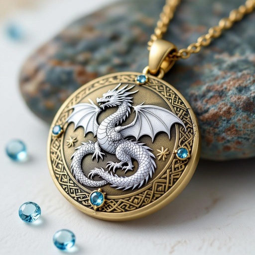 Золотой матовый состаренный кулон на цепочке с камушками, на кулоне выгравирован белый дракон узоры и камни мелкие раузтопаз