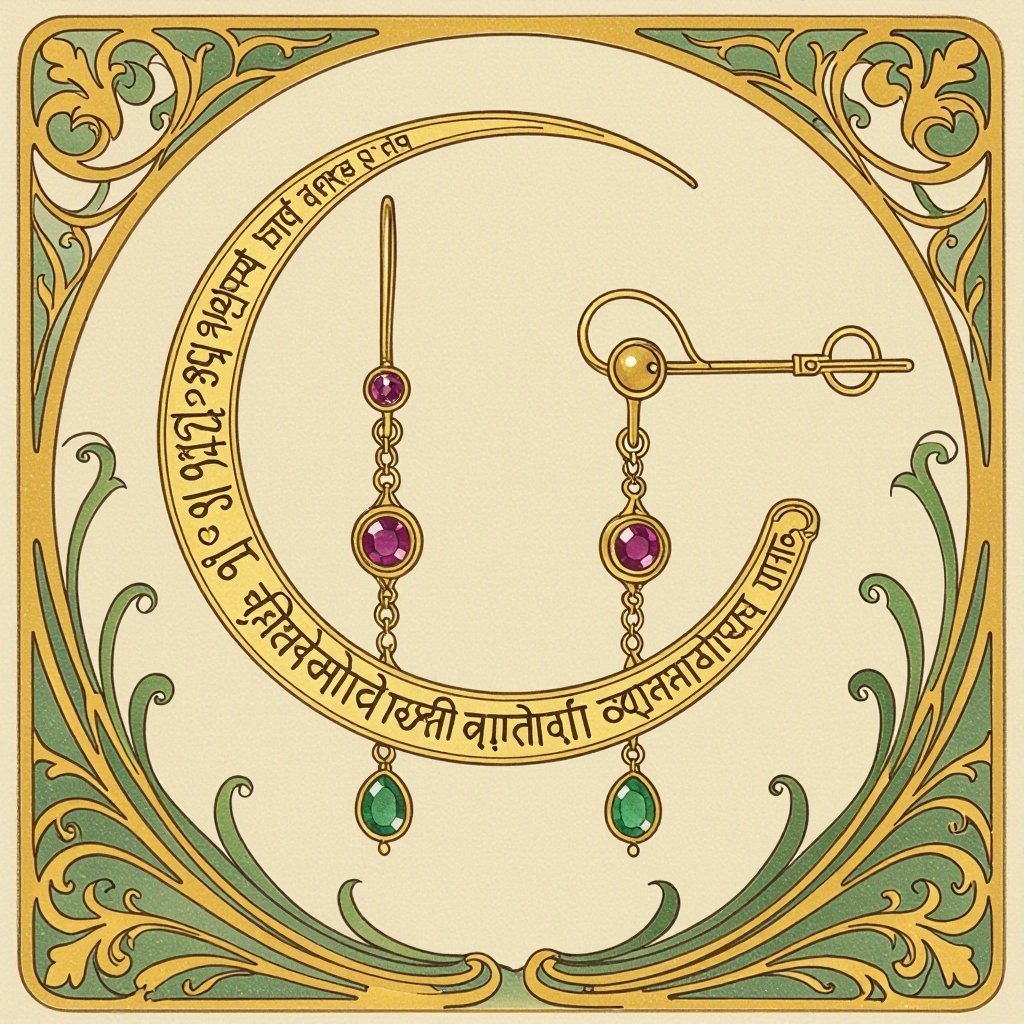 Серьги золотые в форме тонкого изящного полумесяца, полукруг как продолжение застежки, на полукруге надписи мантрами на санскрите