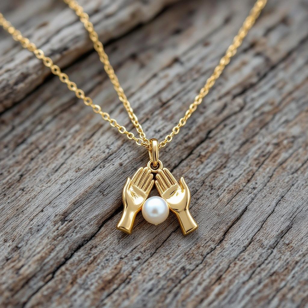 Украшение на шею золотая цепочка с подвеской в виде двух ладоней которые держат жемчужину по центру