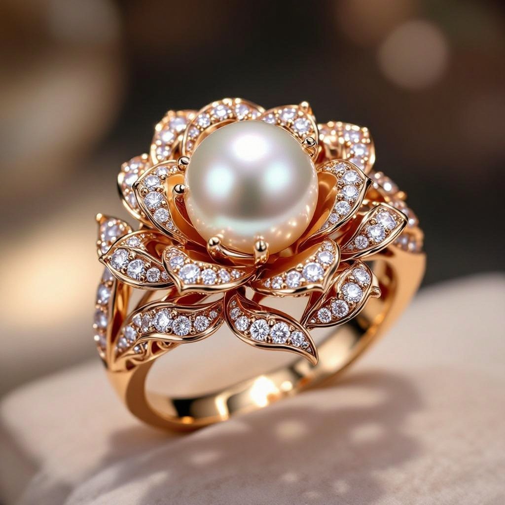 golden ring with peral sorrounded by diamonds inside a rose with leaves 
