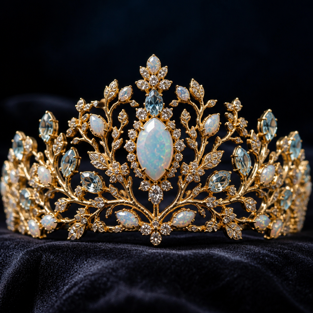 A nature-inspired women's tiara made of gold with diamond and opal and aquamarine stones suitable for formal, highly ornate, intricate and elaborate, richly detailed
photorealistic jewelry design, A nature-inspired women's tiara made of gold with diamond and opal and aquamarine stones suitable for formal, highly ornate, intricate and elaborate, richly detailed, nature_inspired style, just the design no text