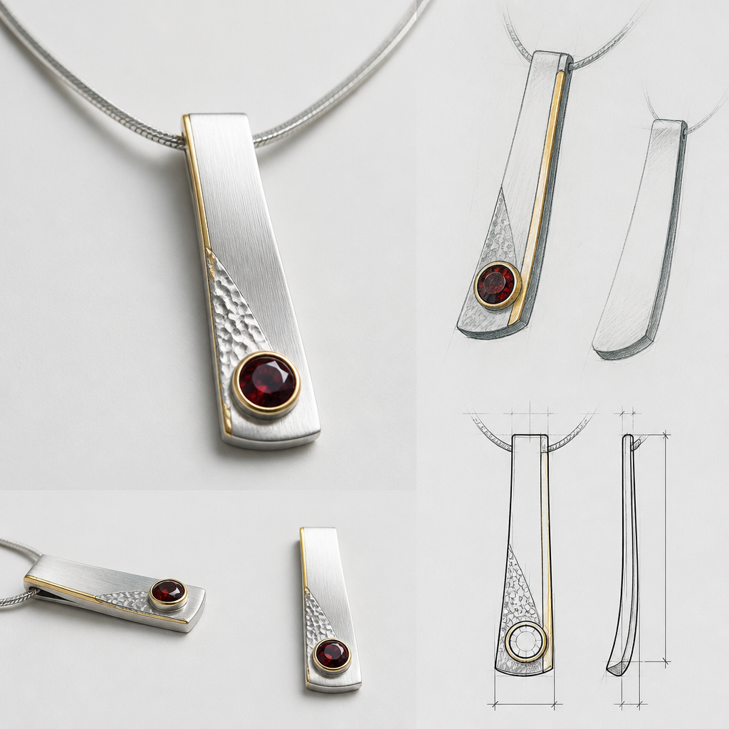 A modern women's pendant made of silver with garnet stones, minimalist, simple and delicate, clean lines. "photorealistic jewelry design, A scandinavian women's pendant made of silver with garnet stones suitable for daily wear, minimalist. simple and delicate, clean lines. simplistic form minimalist brushed silver finish with an accent of gold and a small section of hammered surface, scandinavian style, with design scketchs and mesurments
photorealistic jewelry design, A modern women's pendant made of silver with garnet stones, minimalist, simple and delicate, clean lines. "photorealistic jewelry design, A scandinavian women's pendant made of silver with garnet stones suitable for daily wear, minimalist. simple and delicate, clean lines. simplistic form minimalist brushed silver finish with an accent of gold and a small section of hammered surface, scandinavian style, with design scketchs and mesurments, modern style, just the design no text