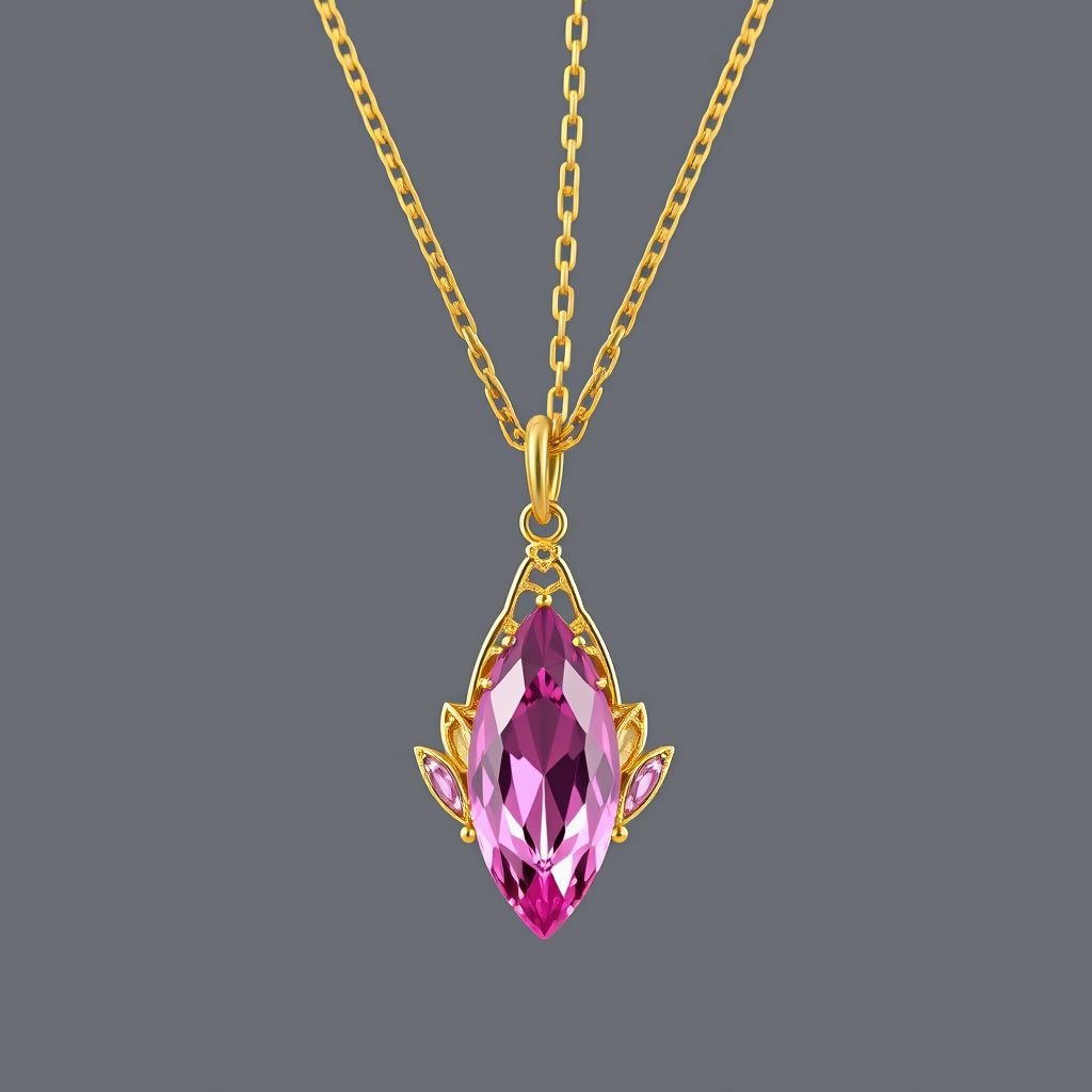 A everyday wear but delicate small gold necklace with a pink pendant color gemstone in a marquise cut. All the details are delicate and they rappresent the petals of the flower lotus.