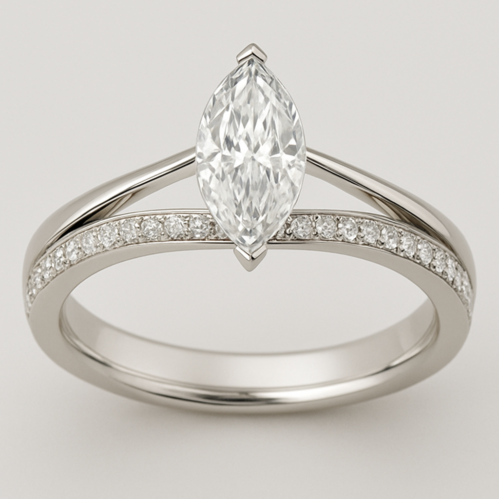 Create a ring band that is pave in the center but plain bands on opposite sides that lead up to a split shank holding a floating marquise diamond above the continued pave part of the band underneath the floating center stone