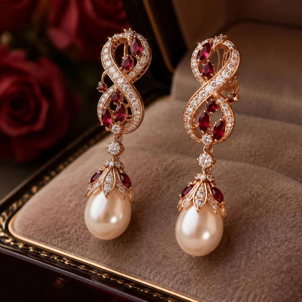 A contemporary women's earrings made of rose gold with ruby and pearl stones suitable for engagement, highly ornate, intricate and elaborate, richly detailed. Design: A rose gold infinity symbol, representing eternal love.
Details: A delicate diamond drop that dances with every movement, like a star.
A Special Touch: A discreet, secret engraving—a personal message meant for her eyes alone.
A unique piece, crafted to whisper to her, always: "You are the eternal light in my life."
photorealistic jewelry design, A contemporary women's earrings made of rose gold with ruby and pearl stones suitable for engagement, highly ornate, intricate and elaborate, richly detailed. Design: A rose gold infinity symbol, representing eternal love.
Details: A delicate diamond drop that dances with every movement, like a star.
A Special Touch: A discreet, secret engraving—a personal message meant for her eyes alone.
A unique piece, crafted to whisper to her, always: "You are the eternal light in my life.", contemporary style, just the design no text